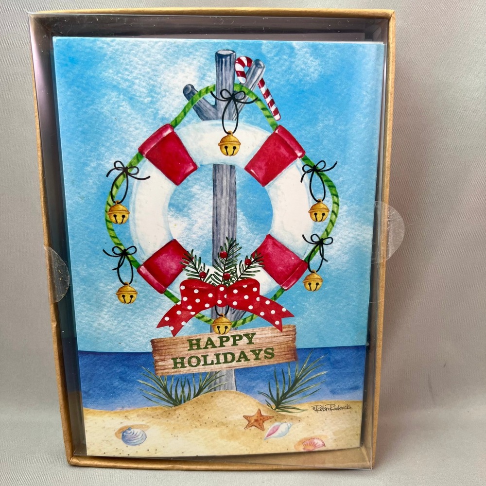 Brighten the Season Boxed Christmas Cards 16ct Blue Coastal Robin Roderick NEW